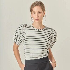 English Factory Black and White Striped Puff Sleeve Blouse, Size L